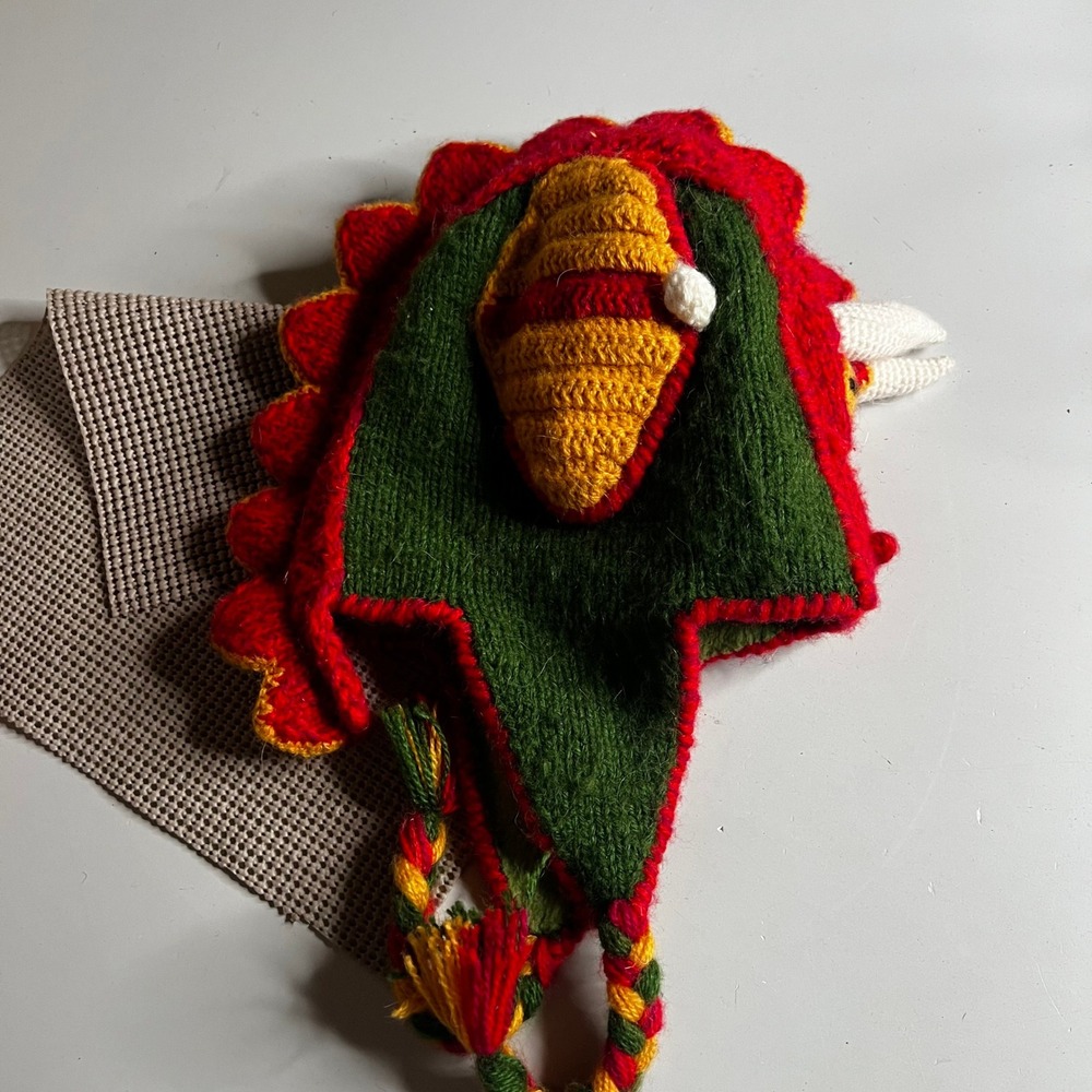 Andes Gifts Dragon Knit Earflap Hat Alpaca Blend Green Red Peru Chullo Beanie